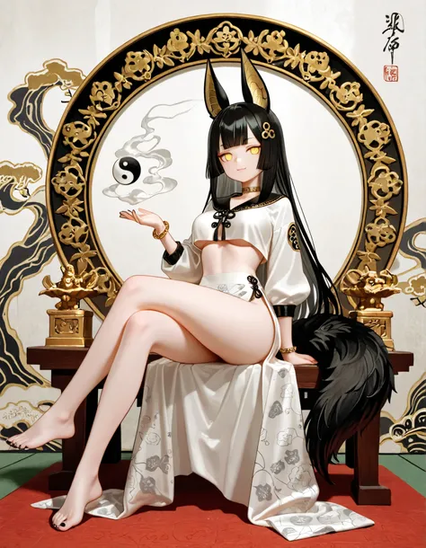 1girl, yellow eyes, jitome, black long stright hair, long bob hair, straight bangs, medium Breast, white clothes, jackal tail, cropped top, white fur, white anubis girl, slit skirt, flower pattern, Choker, bare legs, foot, black nail polish, slender body, ...