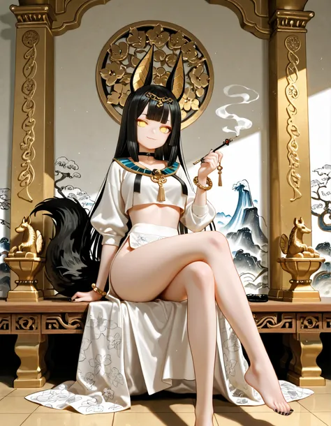 1girl, yellow eyes, jitome, black long stright hair, long bob hair, straight bangs, medium Breast, white clothes, jackal tail, cropped top, white fur, white anubis girl, slit skirt, flower pattern, Choker, bare legs, foot, black nail polish, slender body, ...