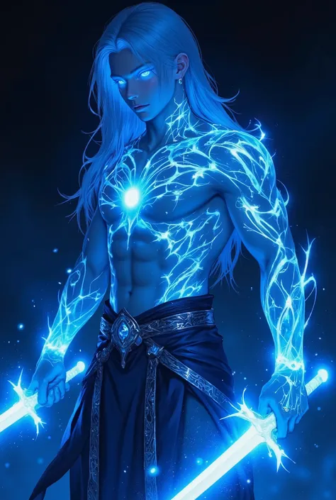 A fantastical character stands majestically in a dark, ethereal setting, radiating an aura of otherworldly power. his appearance is striking, with long, flowing silvery hair and subtly shimmering in blue luminescence. his eyes are a deep, captivating cerul...