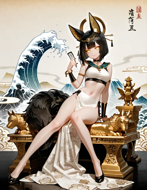1girl, yellow eyes, jitome, black long stright hair, long bob hair, straight bangs, medium Breast, white clothes, jackal tail, cropped top, white fur, white anubis girl, slit skirt, flower pattern, Choker, bare legs, foot, black nail polish, slender body, ...