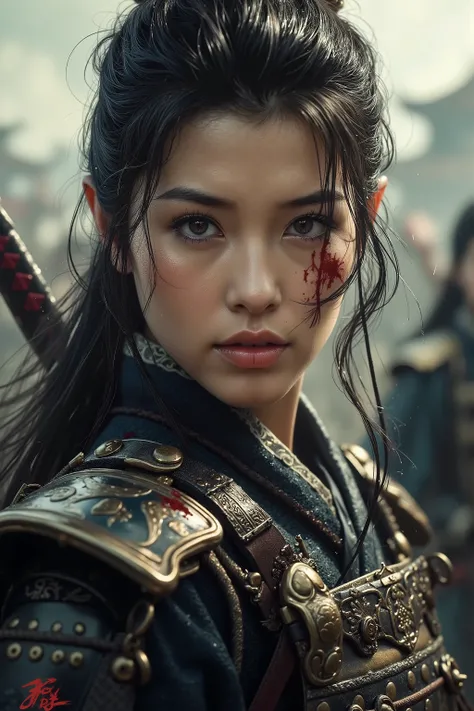 Xia, a beautiful Chinese woman with blood on her face, wearing traditional Chinese armor, in a fighting stance, half-length photo,
