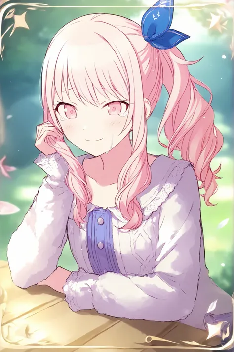 1girl, Akiyama Mizuki, Pink hair, Sided ponytail, Fairy theme, Tears on Face, Peaceful Place, (PROJECT SEKAI CARD) Fantasy Pose, Peaceful smile.