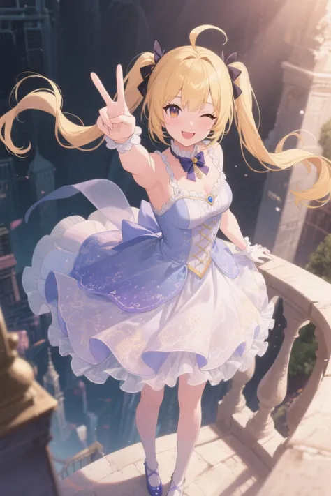 Bakemonogatari, Shinobu Oshino, blonde twintails, ahoge, sly smile, wearing Cinderella-like dress, making a V sign from a very high place, best quality, extremely detailed CG, HD, crisp quality, sharp focus, rich contrast