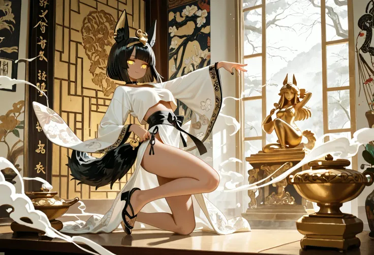 1girl, yellow eyes, jitome, black long stright hair, long bob hair, straight bangs, medium Breast, white clothes, jackal tail, cropped top, white fur, white anubis girl, slit skirt, flower pattern, Choker, bare legs, foot, black nail polish, slender body, ...