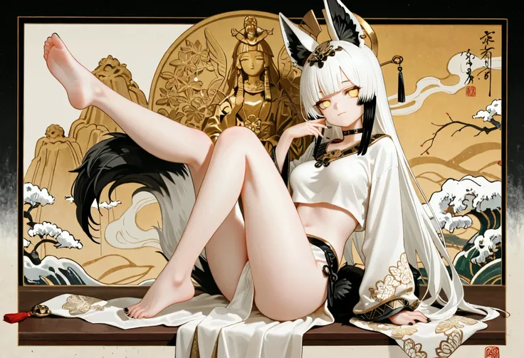 1girl, yellow eyes, jitome, black long stright hair, long bob hair, straight bangs, medium Breast, white clothes, jackal tail, cropped top, white fur, white anubis girl, slit skirt, flower pattern, Choker, bare legs, foot, black nail polish, slender body, ...