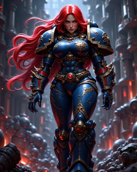 Female ultra marine,slender ultra marine armour, scarlet hair and eyes,hot,sexy
