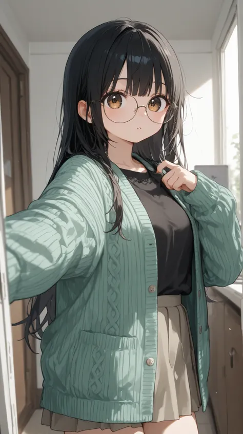 score_9, score_8_up , score_7_up , score_9,Score_9, Score_8_up , Score_7_up ,Create a youthful and fashionable style picture, focusing on the character's features: long black hair, striped knitted cardigan, black inner wear, glasses, selfie posture (hands ...