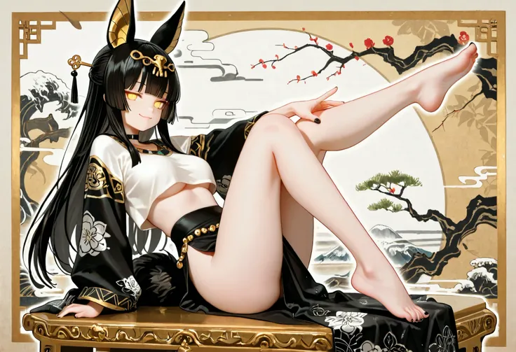 1girl, yellow eyes, jitome, black long stright hair, long bob hair, straight bangs, medium Breast, white clothes, jackal tail, cropped top, white fur, white anubis girl, slit skirt, flower pattern, Choker, bare legs, foot, black nail polish, slender body, ...