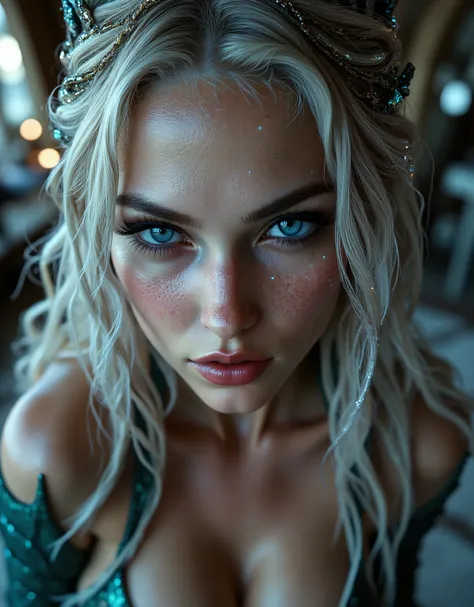 ethereal alien, piercing blue eyes that seem to glow with an inner light. Her long, ethereal light. showing her full toned body. Her skin is a pale, enigmatic expression, natural pink. opened glossy lips. seducing the viewer. facing the viewer frontal with...