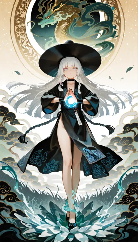 1girl, light lavender eyes, jitome, white Hair, blunt bangs, hime cut, small chest, big hat, black clothes, high waist, long Side slit skirt, Choker, bare legs, foot, black nails, flower pattern, masterpiece, best quality, Perfect details, perfect composit...