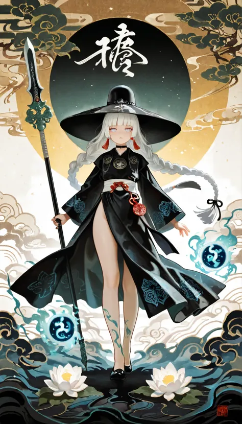 1girl, light lavender eyes, jitome, white Hair, blunt bangs, hime cut, small chest, big hat, black clothes, high waist, long Side slit skirt, Choker, bare legs, foot, black nails, flower pattern, masterpiece, best quality, Perfect details, perfect composit...