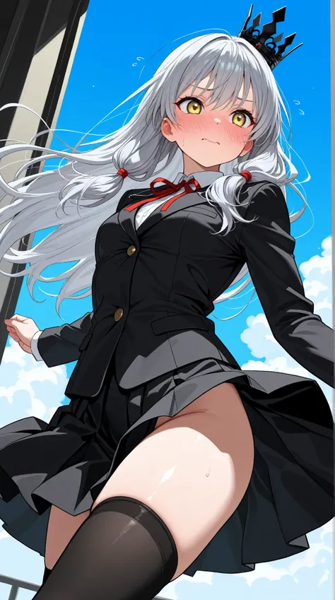 8K (high definition)　(Super Detailed)　(masterpiece)　(top quality)　detailed eyes　detailed faces with ofisu　Detailed hands　Delicate hair　 detailed wrinkles on clothes　very elaborate body dancing in the blue sky　fine skin　(solo)　early 10s　yellow eyes　Childish...