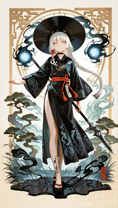 1girl, light lavender eyes, jitome, white Hair, blunt bangs, hime cut, small chest, big hat, black clothes, high waist, long Side slit skirt, Choker, bare legs, foot, black nails, flower pattern, masterpiece, best quality, Perfect details, perfect composit...