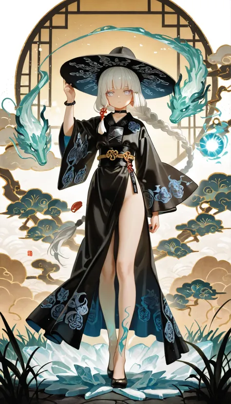 1girl, light lavender eyes, jitome, white Hair, blunt bangs, hime cut, small chest, big hat, black clothes, high waist, long Side slit skirt, Choker, bare legs, foot, black nails, flower pattern, masterpiece, best quality, Perfect details, perfect composit...