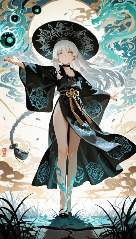 1girl, light lavender eyes, jitome, white Hair, blunt bangs, hime cut, small chest, big hat, black clothes, high waist, long Side slit skirt, Choker, bare legs, foot, black nails, flower pattern, masterpiece, best quality, Perfect details, perfect composit...