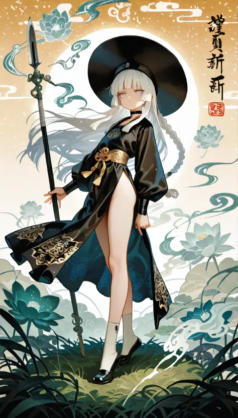1girl, light lavender eyes, jitome, white Hair, blunt bangs, hime cut, small chest, big hat, black clothes, high waist, long Side slit skirt, Choker, bare legs, socks, black nails, flower pattern, masterpiece, best quality, Perfect details, perfect composi...