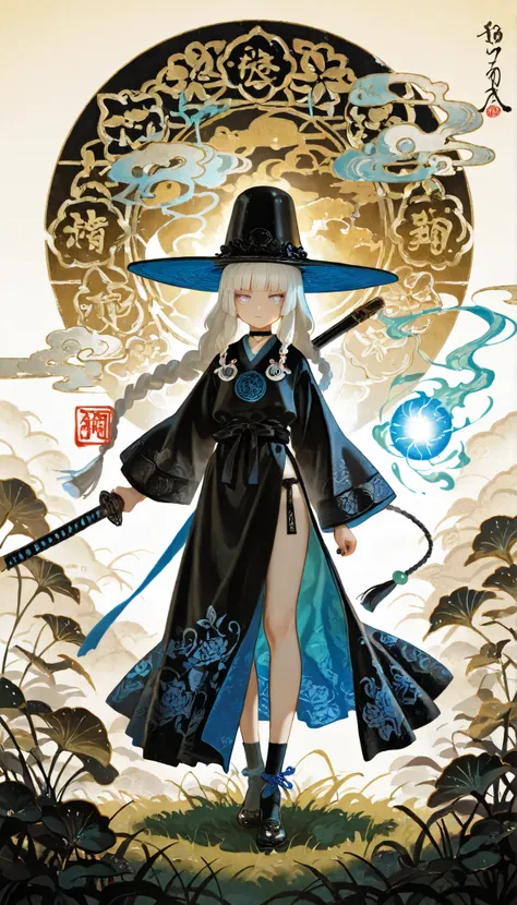 1girl, light lavender eyes, jitome, white Hair, blunt bangs, hime cut, small chest, big hat, black clothes, high waist, long Side slit skirt, Choker, bare legs, socks, black nails, flower pattern, masterpiece, best quality, Perfect details, perfect composi...