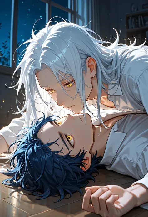 two men in bedroom, yaoi, (one man lying on the floor, White hair, long hair, yellow eyes, no bangs,), (the other man on top of him, Blue hair, yellow eyes, short hair, messy hair,), intimate pose, cozy modern interior, both wearing white dress shirts, nig...