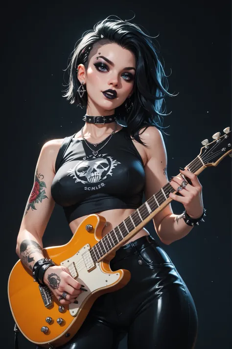 A goth metal girl, with a beautiful face,  very sexy body, tight and sexy rocker-style body clothing, playing the electric guitar