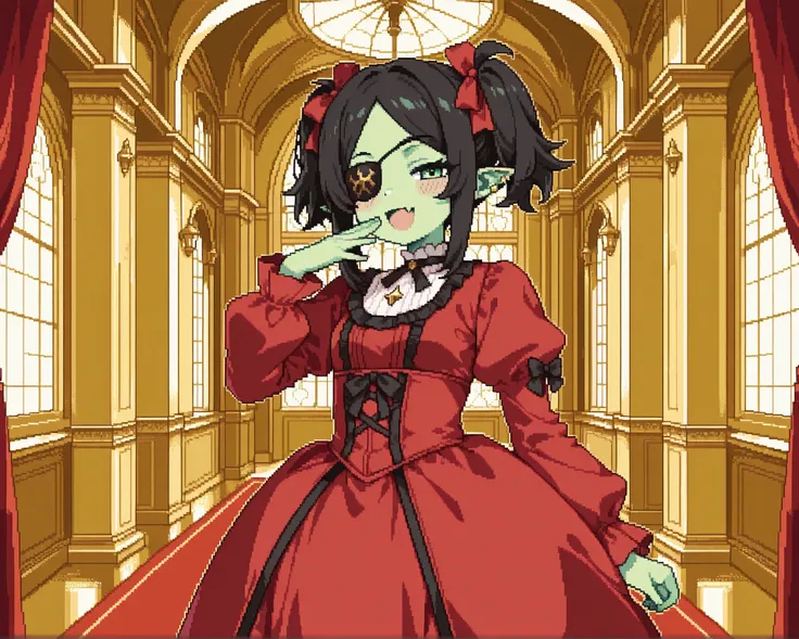 score_9, score_8_up, score_7_up, source_anime, 1girl, solo, pixel art, orc_girl, hoopdress BREAK
Black hair, long sidelocks, short twintails, parted bangs, small breasts, black_eyepatch_on_left_eye, green_left_eye, (colored skin, green skin), pointy ears...