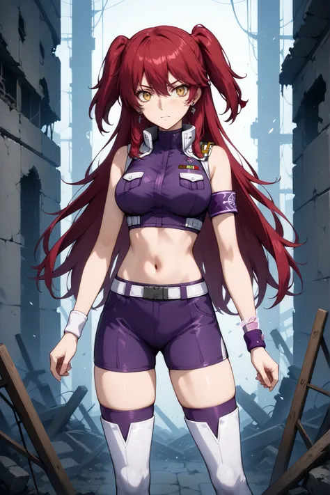 nena,1girl,solo,yellow eyes,red hair,two side up,(freckles),earrings,,white midriff,navel,white bike shorts,white thigh boots,armband,white wristband,pink pilot suit,,side ponytail,purple shirt,sleeveless,purple shorts,purple thigh boots,purple wristband,v...