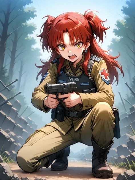 on one knee,full body,angry,open mouth,looking at viewer,holding a pistol,Suchwet,nena,1girl,solo,yellow eyes,red hair,two side up,(freckles),earrings,,girl, military medic (Ukrainian armed forces), in combat gear,  era on the battlefield , bandages a woun...