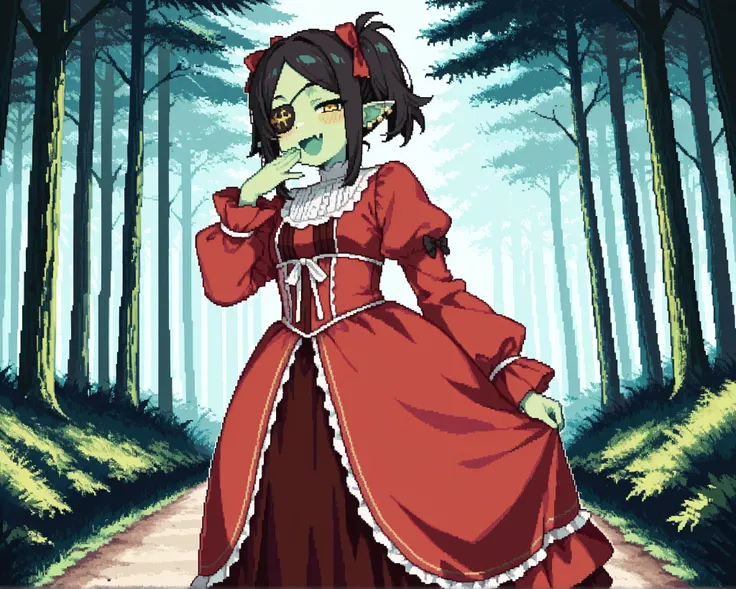 score_9, score_8_up, score_7_up, source_anime, 1girl, solo, pixel art, orc_girl, hoopdress BREAK
Black hair, long sidelocks, short twintails, parted bangs, small breasts, black_eyepatch_on_left_eye, yellow_left_eye, (colored skin, green skin), pointy ear...