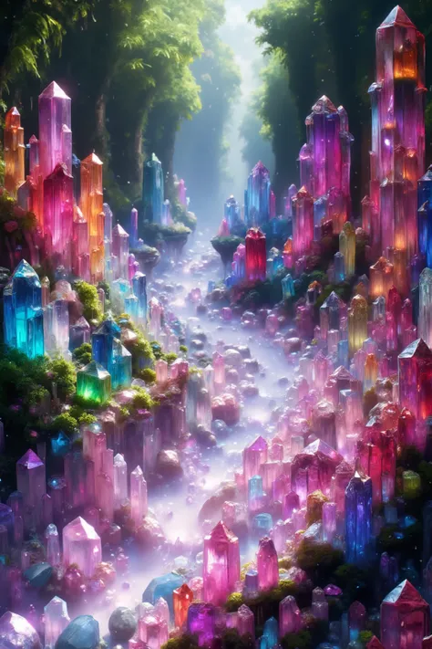 Quartz crystals of all colors and large height sticking up out of the ground lining a neon pink and light purple flowing stream's curved edges, a lush jungle beyond the edges of the crystal stream. Full sunlight on  stream and crystals. Hundreds of differe...