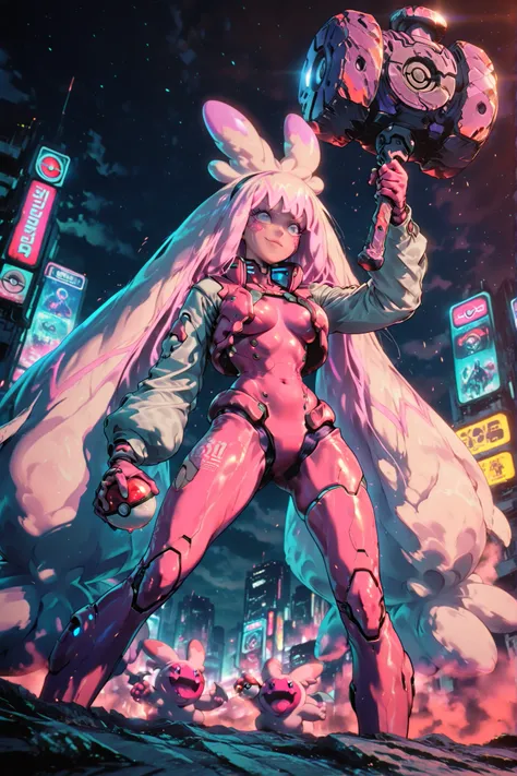 master, ultra detailed, 4k resolution, cinematic lighting, dynamic angle, perfect anatomy, natural proportions, expressive faces, realistic shading, soft ambient occlusion, Hatsune Miku wearing a cyberpunk armor in purple details, holding a pokeball, in a ...