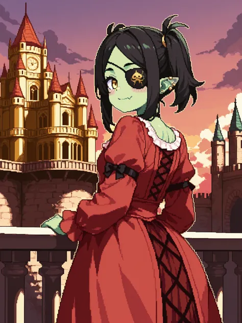 score_9, score_8_up, score_7_up, source_anime, 1girl, solo, pixel art, orc_girl, hoopdress BREAK
Black hair, long sidelocks, short twintails, parted bangs, small breasts, black_eyepatch_on_left_eye, yellow_left_eye, (colored skin, green skin), pointy ear...