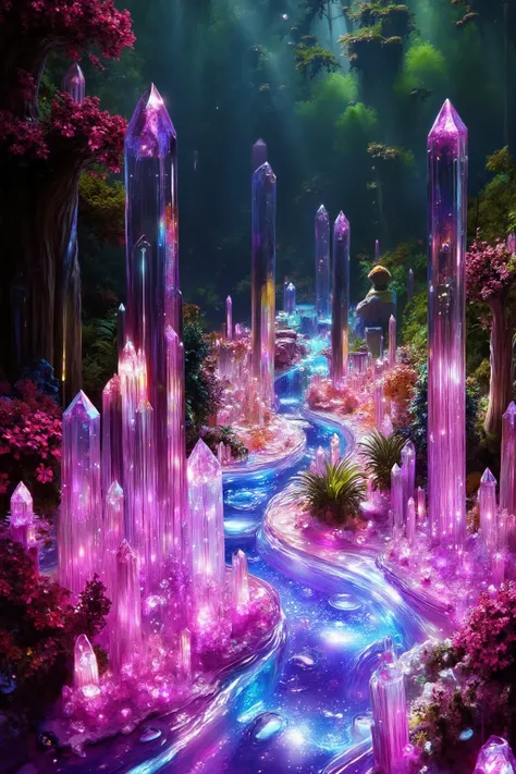 Quartz crystals of all colors and of all height  are protruding up out of the ground lining a neon pink stream that turns a beautiful light purple that bubbles profusely on the outer edges of the stream where the crysyal points begin to emerge. The height ...