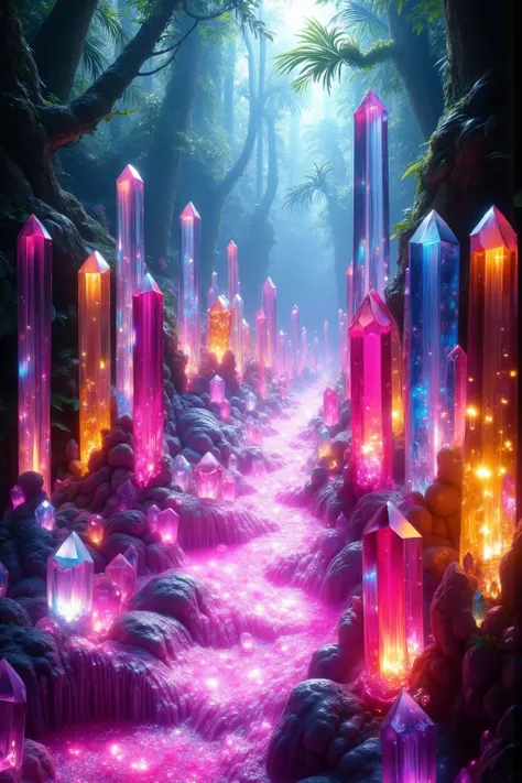 Quartz crystals of all colors and of all height  are protruding up out of the ground lining a neon pink stream that turns a beautiful light purple that bubbles profusely on the outer edges of the stream where the crysyal points begin to emerge. The height ...
