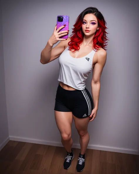 masterpiece, detailed image, vivid colors, 4k, cinematic photography, dynamic angle, perfect human anatomy, a beautiful woman (nice curves), vibrant, long, red hair with visible black roots, subtle copper tones mixed in the back or copper highlights on th...