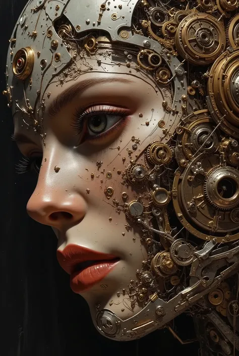 detailed renaissance oil painting, masterpiece, FredFraiStyle, close up on face, great lighting, intricate detail, stunning oriental robot woman, made of clockwork cogs, wires and cables, abstract, fractal art, highest definition, HD32K, wallpaper, hyperde...