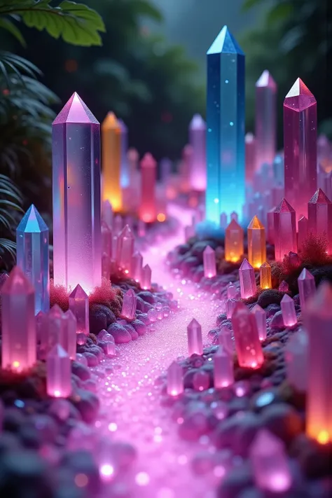 Quartz crystals of all colors and of all height  are protruding up out of the ground lining a neon pink stream that turns a beautiful light purple that bubbles profusely on the outer edges of the stream where the crysyal points begin to emerge. The height ...