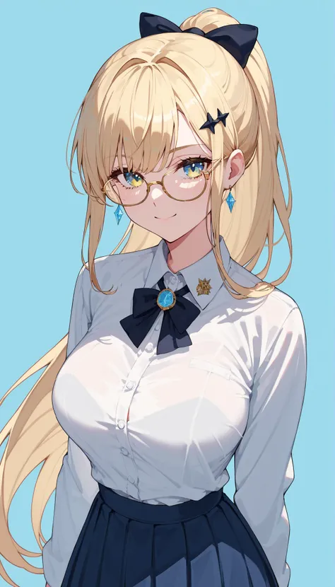 little girl,Golden bronze hair, Blue eyes,in blue and yellow eyes,Two tone eyes,milf,Big Breasts,long hair, alter ego,saint,slim,,light blue background,Collared shirt,navy pleated skirt,Bored, ponytailต่ำ,smile,Black barbed hairpin,Upper Body Shape,knot,gl...
