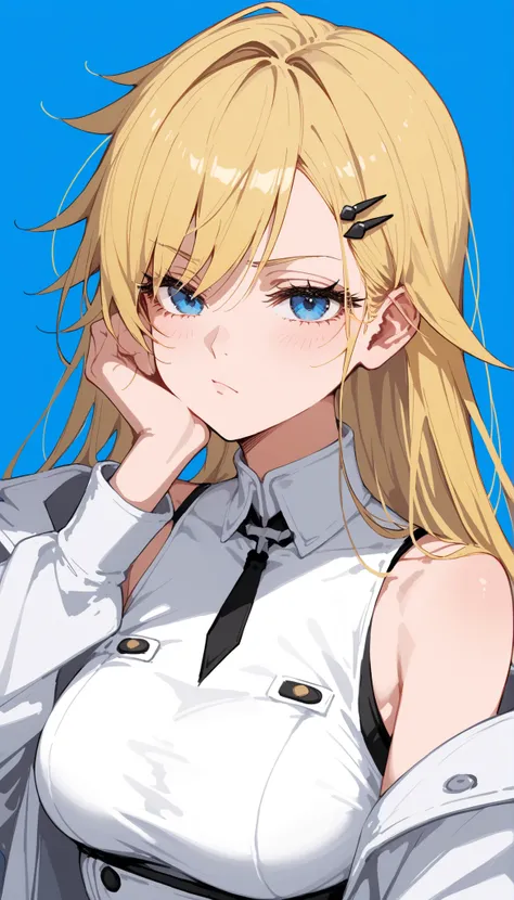 alone,girl,in blue eyes,Yellow hair,long hair,,Symmetrical hairstyle,white shirt,Long Eyelashes,Medium-Chested,polite,,black and white ribbon,Anime,Black Hairpin,white coat,Milf,slim,miniskirt,tights,Full blue background, Sleeveless Top, tomboy ,Upper Body...