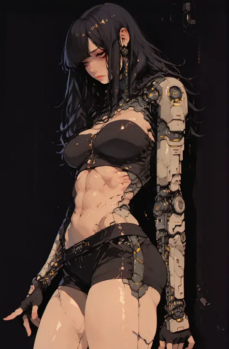 (masterpiece:1.35), (very aesthetic, best quality:1.3), highly detailed, dark environment, backlit, absurdres, no lineart, hyperdetailed realism, addmicrodetails, detailed shading, realistic textures, female focus, 3d anime style, dark background, view fro...