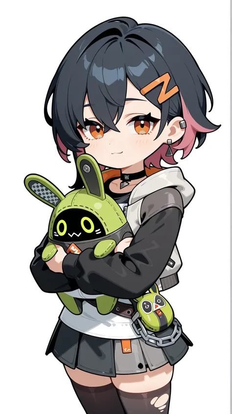 Belle (Zenless Zone Zero), cute, small, chibi, holding bangboo, cat hairclip
