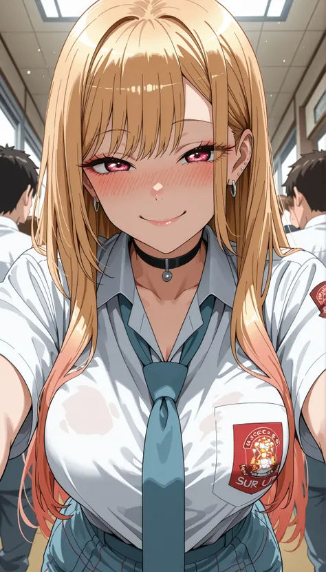 score_9, score_8_up, score_7_up, score_6_up, score_5_up, score_4_up, source_anime, Marin Kitagawa,tag1, tag2, best quality, high quality, 8k, very high resolution, perfect lighting, clear face, long hair, blonde hair, bangs, Indonesian high school uniform,...