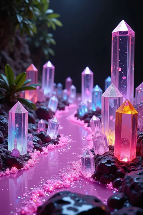 Ultra-realistic, photo-realistic, hyper-crystalistic,  Quartz crystals of all colors and of all height  are protruding up out of the ground lining a neon pink stream that turns a beautiful light purple that bubbles profusely on the outer edges of the strea...