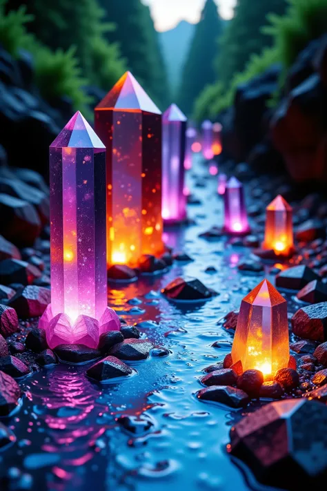 Ultra-realistic, photo-realistic, hyper-crystalistic,  Quartz crystals of all colors and of all height are protruding up out of the ground lining a two and a half foot wide clearish blue stream that turns a beautiful darker blue that bubbles profusely on t...