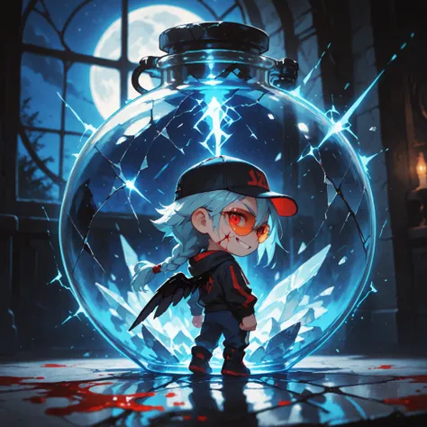 (masterpiece, high quality, ultra-detailed), chibi, solo, 1 boy, close-up, cinematic lighting, dramatic, high contrast, dangerous vibe, fantasy,
male fairy, handsome, long hair, single braided hair, light blue hair, scarlet red eyes, small grin, hoodie, b...