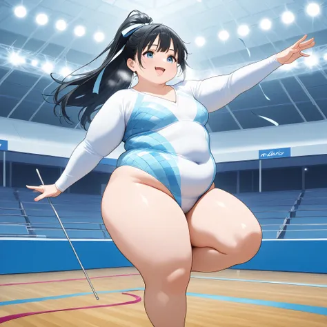 **Left Side:**  
masterpiece, best quality, 8k, ultra-detailed, graceful and dynamic atmosphere,  
1girl, long hair tied in a high ponytail, black hair, small breasts,  
**rhythmic gymnastics leotard, shiny metallic blue with silver accents, long sleeves, ...
