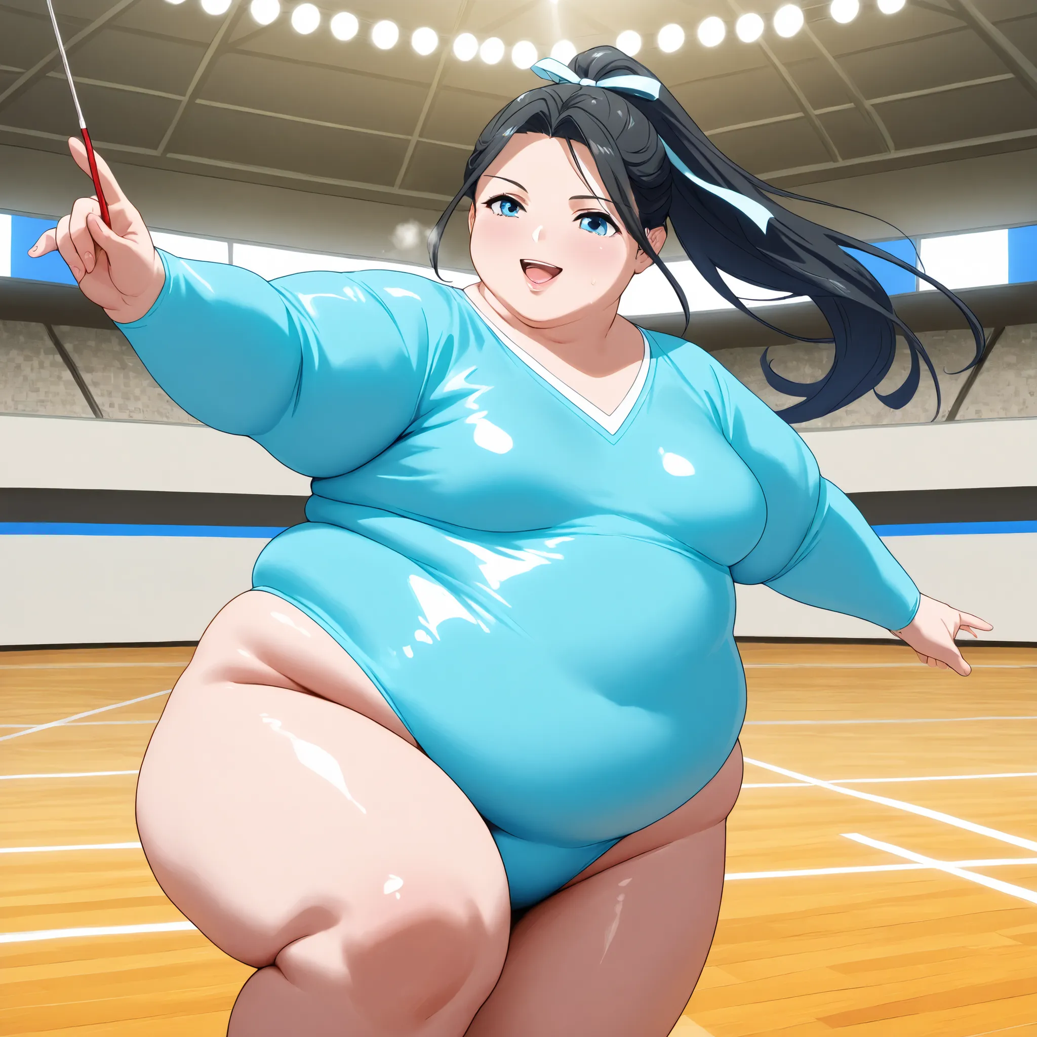 **Left Side:**  
masterpiece, best quality, 8k, ultra-detailed, graceful and dynamic atmosphere,  
1girl, long hair tied in a high ponytail, black hair, small breasts,  
**rhythmic gymnastics leotard, shiny metallic blue with silver accents, long sleeves, ...