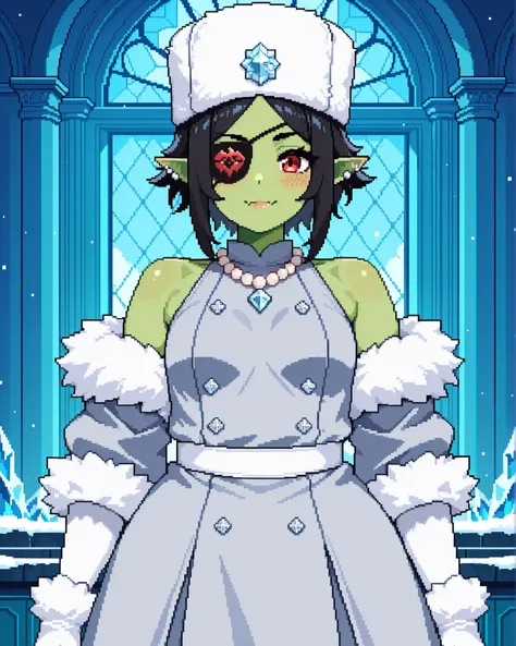 score_9, score_8_up, score_7_up, source_anime, 1girl, solo, pixel art, orc_girl BREAK 

Black hair, long sidelocks, short hair, parted bangs, small breasts, black_eyepatch_on_left_eye, red_left_eye, (colored skin, green skin), pointy ears, ear piercing, go...