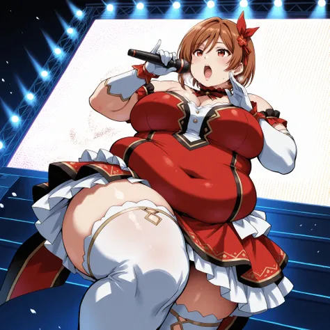 Score_9, score_8_up, score_7_up, source_anime, Sakuraimori Akane, solo, red eyes, brown hair, short hair, medium breasts, (best quality), (high quality), {masterpiece}, extremely delicate and beautiful, ultra-detailed, beautiful detailed eyes, idol, idol c...