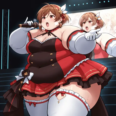 Score_9, score_8_up, score_7_up, source_anime, Sakuraimori Akane, solo, red eyes, brown hair, short hair, medium breasts, (best quality), (high quality), {masterpiece}, extremely delicate and beautiful, ultra-detailed, beautiful detailed eyes, idol, idol c...