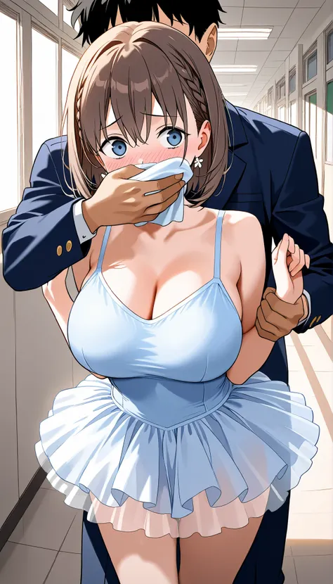 masterpiece, best quality, ultra detailed, highres, 4k, score_9, score_8_up, score_7_up, source_anime, 1girl, ai-chan from tawawa on monday, large breasts, blush, scared, school hallway, ballerina, tutu, bare legs, 1boy, boy grabbing girl from behind, boy ...