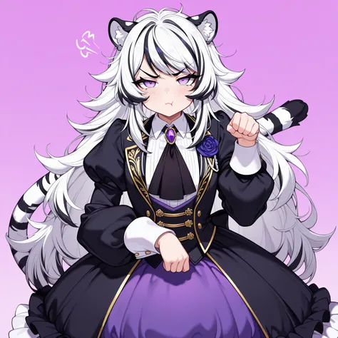 1girl, solo! long hair, white hair, black hair, multicolored hair, white tiger ears, white tiger tail, pinkish purple eyes, half-lidded eyes, angry, closed mouth, puffy dress, oversize sleeves, puffy sleeves, pout, looking at viewer, front view, messy hair, Tanaris, Aristocrat, paw pose, 